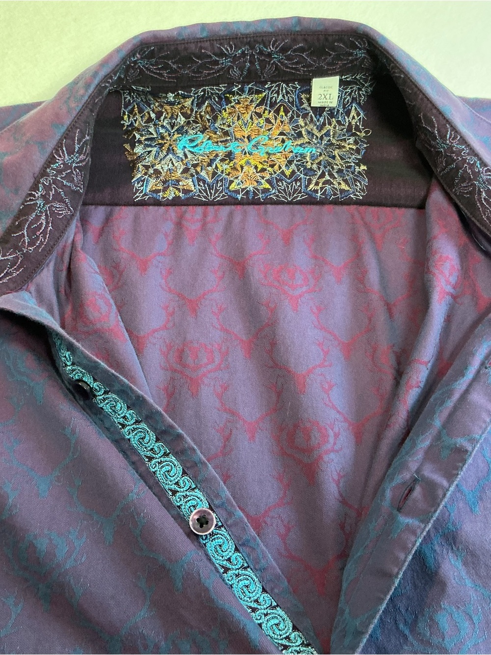 Robert Graham Classic Fit 2XL Men's Button Down Shirt Purple Antler Stag Motif - Picture 11 of 13
